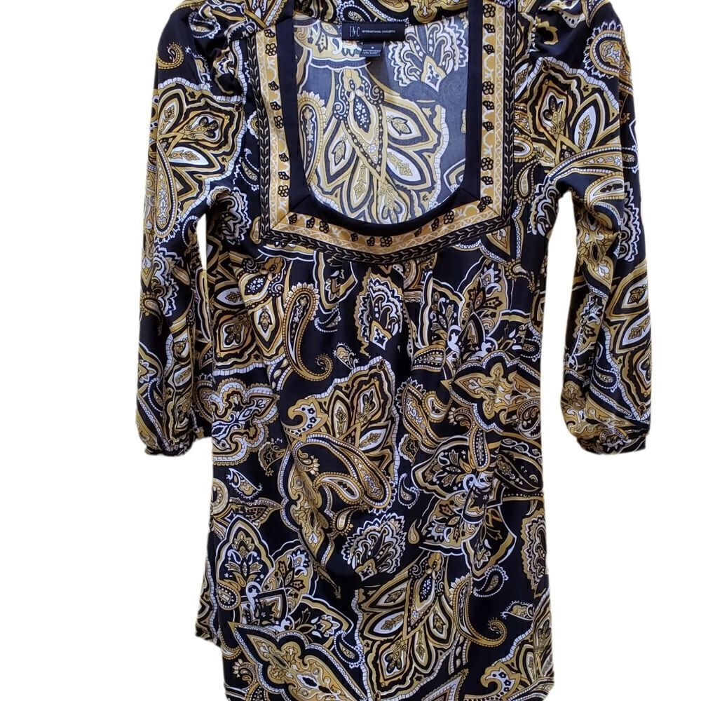 INC Paisley Blouse Small Navy Gold Square Neck